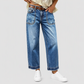 Women's Vintage Stretchy Straight Leg Denim Jeans with Distressed Patch Pockets and Frayed Raw Hem