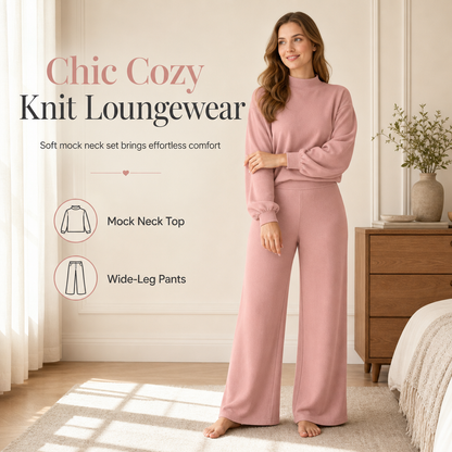 Women's Casual Two-Piece Knit Lounge Set with Mock Neck Long Sleeve Sweatshirt and High-Waisted Wide-Leg Pants