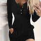 Womens Autumn Winter Solid Color Long Sleeve Slim Fit Bodycon Button Dress