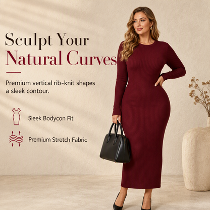 Women's Long Sleeve Rib Knit Crewneck Bodycon Maxi Dress