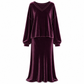 Women's Solid Color Velvet Two Piece Set with Deep V Neck Loose Sweatshirt and Flared Maxi Skirt