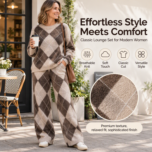 Women's Argyle Knit Sweater & Wide-Leg Pants Set