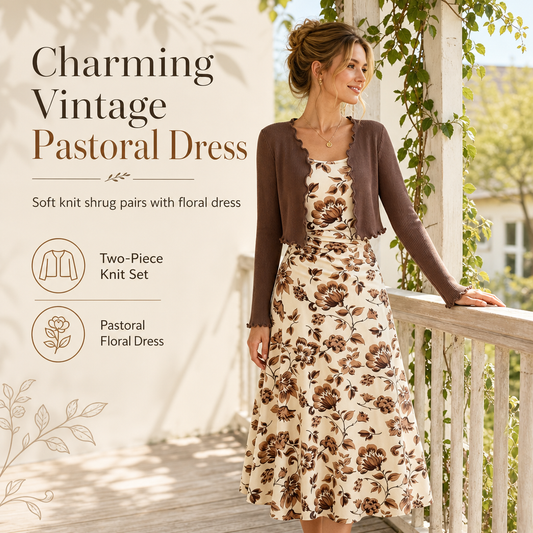 Women's Vintage Floral Slip Dress and Cropped Ribbed Knit Cardigan 2-Piece Set🥠𝙁𝙧𝙚𝙚 𝙎𝙝𝙞𝙥𝙥𝙞𝙣𝙜