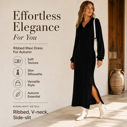 Women's Ribbed Knit Collared Slit Maxi Dress