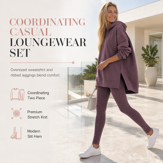 Womens Casual Sports Split Hem Hooded Sweatshirt and Sweatpants Tracksuit Set