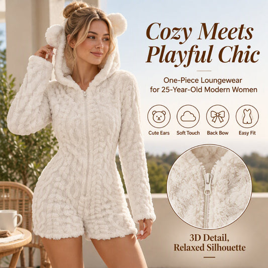 Women's Cute Bear Ear Hooded Plush Romper