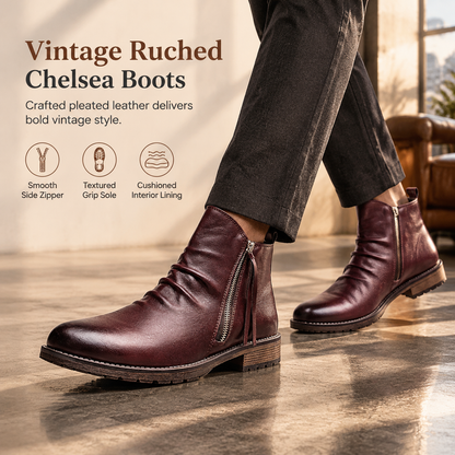 Men's Vintage Pleated Chelsea Boots Casual Round Toe Zipper Western Cowboy Boots🔥𝙁𝙧𝙚𝙚 𝙎𝙝𝙞𝙥𝙥𝙞𝙣𝙜