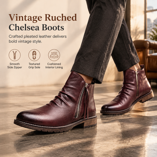Men's Vintage Pleated Chelsea Boots Casual Round Toe Zipper Western Cowboy Boots🔥𝙁𝙧𝙚𝙚 𝙎𝙝𝙞𝙥𝙥𝙞𝙣𝙜