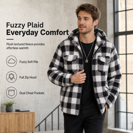 🧥 Men's Plaid Fuzzy Hooded Zip-Up Coat with Dual Flap Chest Pockets ✨ fuzzy plush lining, plaid print, hooded zip coat with chest pockets🔥𝙁𝙧𝙚𝙚 𝙎𝙝𝙞𝙥𝙥𝙞𝙣𝙜