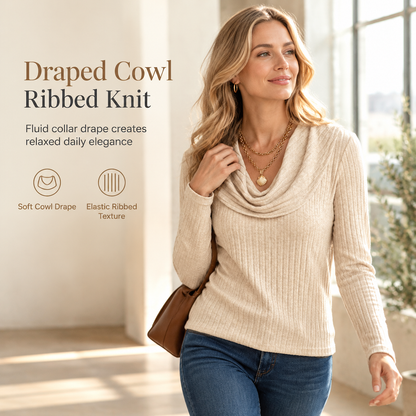 Women's Cowl Neck Ribbed Knit Long Sleeve Top