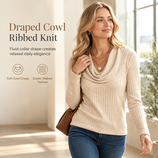 Women's Cowl Neck Ribbed Knit Long Sleeve Top
