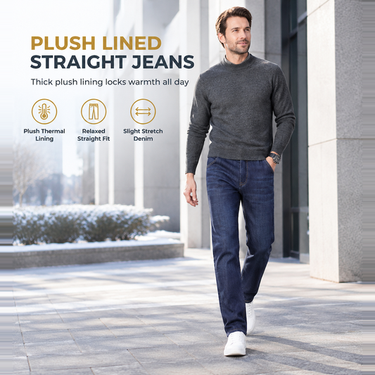 Men's Winter Thickened Jeans Loose Straight Leg Thick Warm Business Casual Denim Pants
