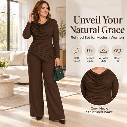 Women's Draped Cowl Neck Top and Wide-Leg Pants Set