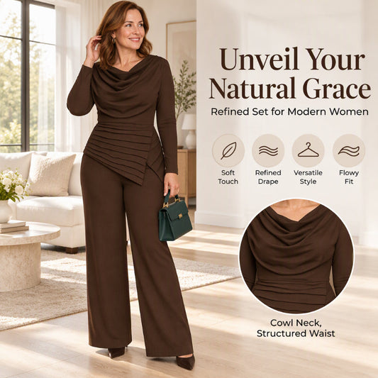 Women's Draped Cowl Neck Top and Wide-Leg Pants Set