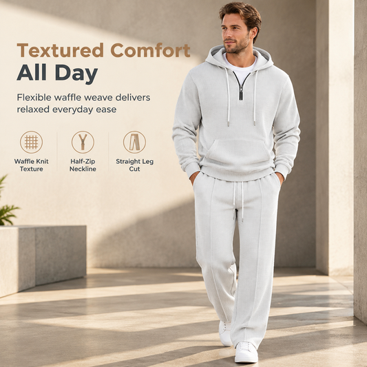 Men's Casual 2 Piece Waffle Knit Tracksuit Set Half Zip Hoodie and Straight Leg Pants🥠𝙁𝙧𝙚𝙚 𝙎𝙝𝙞𝙥𝙥𝙞𝙣𝙜