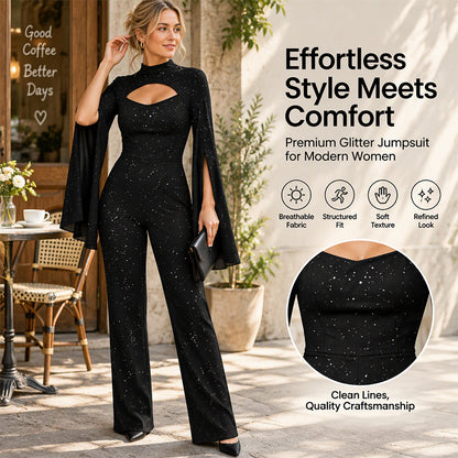 Women's Sparkly Glitter Cape Sleeve Jumpsuit