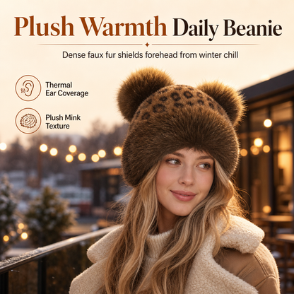 Women Vintage Leopard Print Plush Bear Ears Mongolian Hat Thick Warm Winter Earflap Beanie