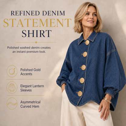 💙 Oversized Washed Denim Shirt Coat with Statement Gold Buttons and Lantern Sleeves⚡𝙁𝙧𝙚𝙚 𝙎𝙝𝙞𝙥𝙥𝙞𝙣𝙜