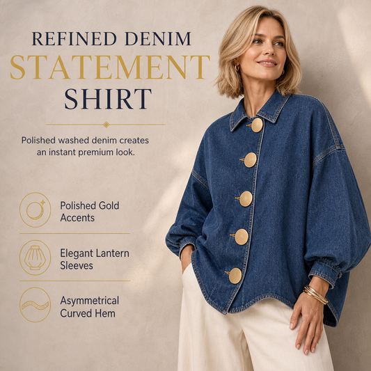 💙 Oversized Washed Denim Shirt Coat with Statement Gold Buttons and Lantern Sleeves⚡𝙁𝙧𝙚𝙚 𝙎𝙝𝙞𝙥𝙥𝙞𝙣𝙜