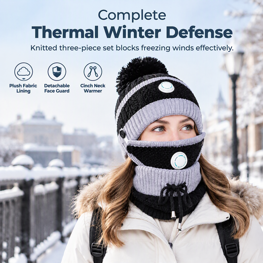Women Winter Warm Knit Hat with Face Mask and Neck Warmer Windproof Ear Protection Beanie for Cycling