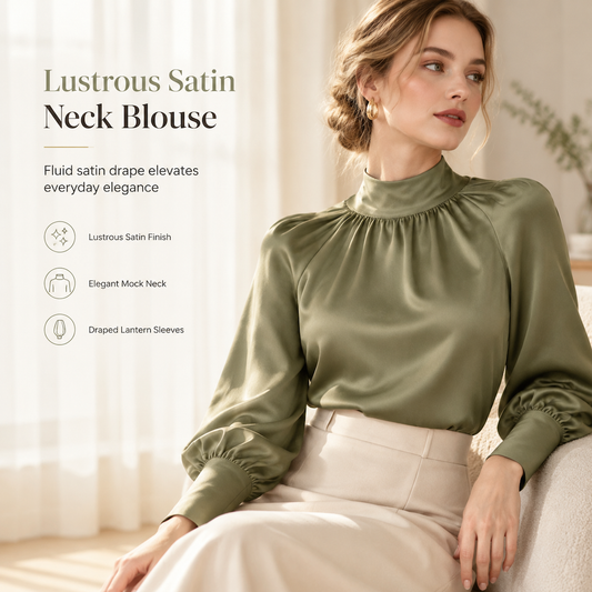 Elegant French Style Satin Blouse with Stand Collar and Long Lantern Sleeves for Autumn Winter Layering