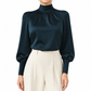 Elegant French Style Satin Blouse with Stand Collar and Long Lantern Sleeves for Autumn Winter Layering