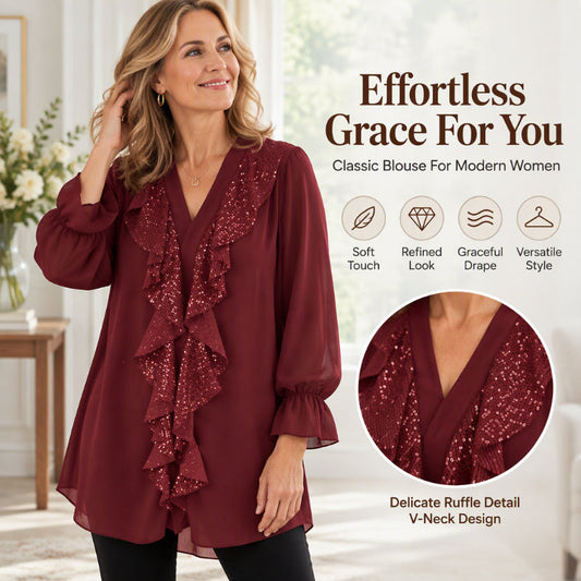 Women's V-Neck Sequin Spliced Chiffon Top