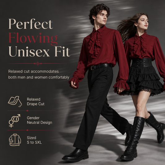 Unisex Fit French Style Ruffle Collar Blouse with Lace Cuffs