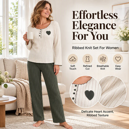Women's Heart Embroidery Ribbed Pajama Set