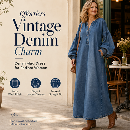 Women's Long Lantern Sleeve Maxi Denim Dress🔥𝙁𝙧𝙚𝙚 𝙎𝙝𝙞𝙥𝙥𝙞𝙣𝙜