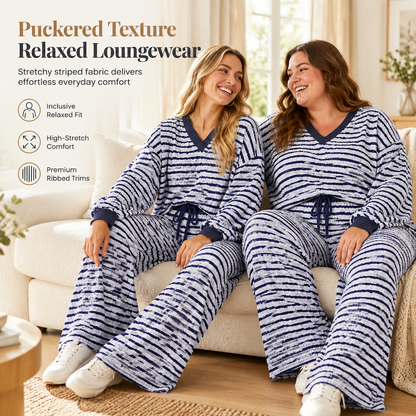 Women's Striped Casual Loungewear Set Long Sleeve V Neck Top and Wide Leg Pants Two Piece Relaxed Fit Set