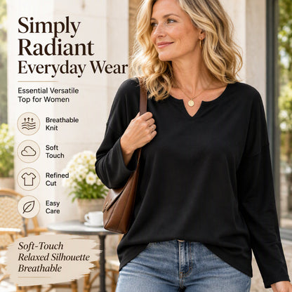 Women's Casual Notch V-Neck Long Sleeve Top