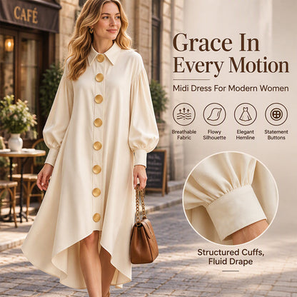 Women's Vintage Button Up Dress with Bubble Sleeves
