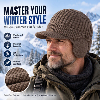 Men's Winter Knit Beanie Hat with Brim & Ear Flaps