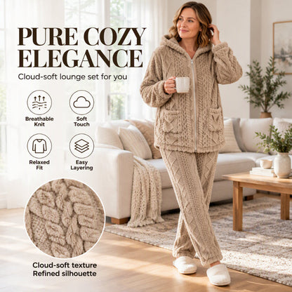 Women's Plush Cable Knit Hooded Jacket & Pants Set🔥𝙁𝙧𝙚𝙚 𝙎𝙝𝙞𝙥𝙥𝙞𝙣𝙜