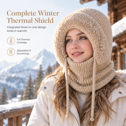 Womens Winter Thickened Knitted Hat with Integrated Neck Warmer and Face Mask Outdoor Warm Ear Protection Cap
