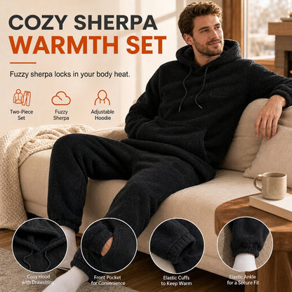 Men's Winter Warm Lamb Wool Hooded Sweatshirt and Pants 2 Piece Set