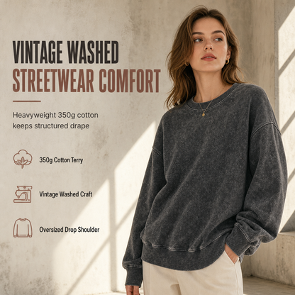 Unisex Vintage Washed Heavyweight Crewneck Pullover Sweatshirt